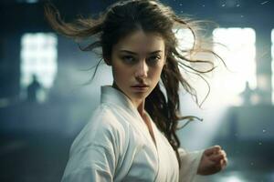 Young determined karate woman in white kimono fighting in futuristic room. ai generated pro photo