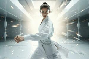 Young determined karate woman in white kimono fighting in futuristic room. ai generated pro photo