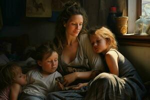 Mother with two children sleeping in bed at home. The concept of family relationships. ai generated pro photo