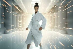 Young determined karate woman in white kimono fighting in futuristic room. ai generated pro photo