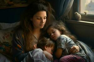 Mother with two children sleeping in bed at home. The concept of family relationships. ai generated pro photo