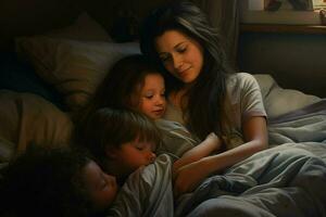 Mother with two children sleeping in bed at home. The concept of family relationships. ai generated pro photo