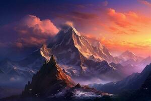 Fantasy landscape with mountains and clouds. 3D illustration. Digital painting. ai generated pro photo