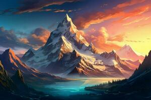 Fantasy landscape with mountains and clouds. 3D illustration. Digital painting. ai generated pro photo