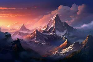 Fantasy landscape with mountains and clouds. 3D illustration. Digital painting. ai generated pro photo