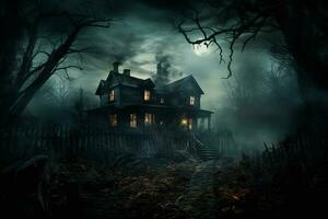 Scary halloween spooky haunted house in dark forest. Horror Halloween concept. ai generated pro photo