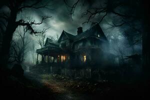 Scary halloween spooky haunted house in dark forest. Horror Halloween concept. ai generated pro photo