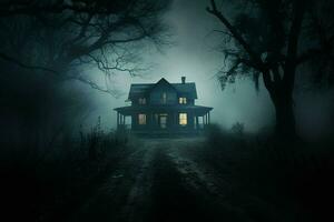 Scary halloween spooky haunted house in dark forest. Horror Halloween concept. ai generated pro photo