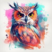 Colorful illustration of an owl on watercolor splash background. ai generated pro photo