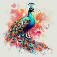 Beautiful peacock with colorful feathers on floral background. Colorful peacock on watercolor splash background. ai generated pro photo