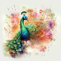 Beautiful peacock with colorful feathers on floral background. Colorful peacock on watercolor splash background. ai generated pro photo