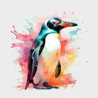 Penguin on a colorful watercolor background. Hand-drawn illustration. ai generated photo
