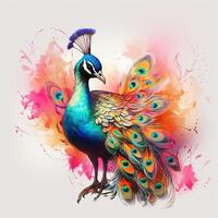 Beautiful peacock with colorful feathers on floral background. Colorful peacock on watercolor splash background. ai generated pro photo