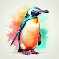 Penguin on a colorful watercolor background. Hand-drawn illustration. ai generated photo