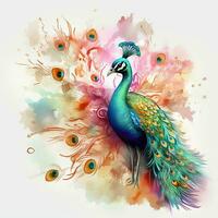 Beautiful peacock with colorful feathers on floral background. Colorful peacock on watercolor splash background. ai generated pro photo