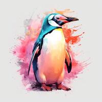 Penguin on a colorful watercolor background. Hand-drawn illustration. ai generated photo