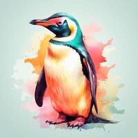 Penguin on a colorful watercolor background. Hand-drawn illustration. ai generated photo