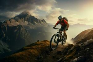 montaña bicicleta jinete en el montañas. deporte y activo vida concepto. ai generado Pro foto
