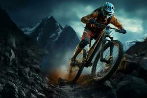 montaña bicicleta jinete en el montañas. deporte y activo vida concepto. ai generado Pro foto