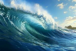 Blue ocean wave and blue sky background. 3d render illustration. ai generated pro photo