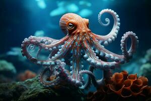 Neon color octopus on the bottom of the sea. ai generated pro photo