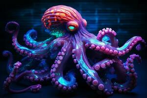 Neon color octopus on the bottom of the sea. ai generated pro photo