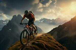 montaña bicicleta jinete en el montañas. deporte y activo vida concepto. ai generado Pro foto