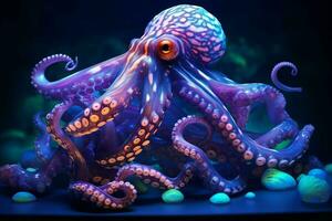 Neon color octopus on the bottom of the sea. ai generated pro photo