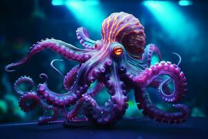 Neon color octopus on the bottom of the sea. ai generated pro photo