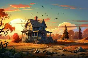 Fantasy landscape with an old wooden house in the countryside. ai generated pro photo