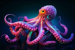 Neon color octopus on the bottom of the sea. ai generated pro photo