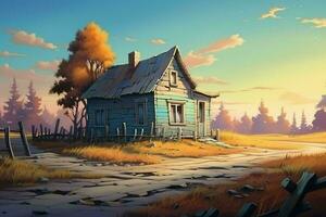 Fantasy landscape with an old wooden house in the countryside. ai generated pro photo