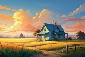 Fantasy landscape with an old wooden house in the countryside. ai generated pro photo