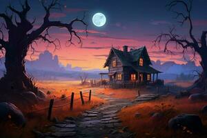 Fantasy landscape with an old wooden house in the countryside. ai generated pro photo