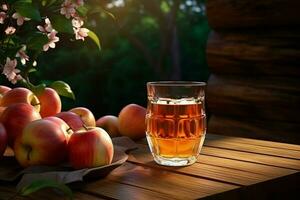 Glass of apple juice and ripe apples on wooden table against natural background. ai generated pro photo