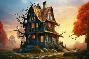 Fantasy landscape with an old wooden house in the countryside. ai generated pro photo