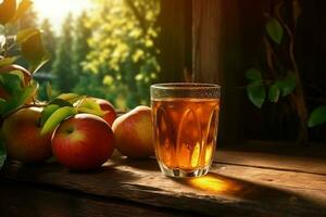 vaso de manzana jugo y maduro manzanas en de madera mesa en contra natural antecedentes. ai generado Pro foto
