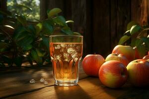 vaso de manzana jugo y maduro manzanas en de madera mesa en contra natural antecedentes. ai generado Pro foto