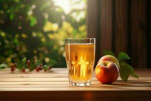Glass of apple juice and ripe apples on wooden table against natural background. ai generated pro photo