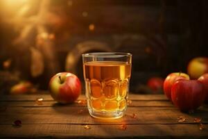 Glass of apple juice and ripe apples on wooden table against natural background. ai generated pro photo