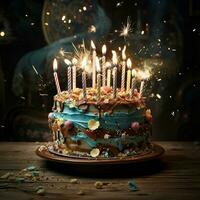 Birthday cake with burning candles on wooden background. ai generated photo