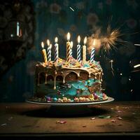 Birthday cake with burning candles on wooden background. ai generated photo