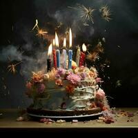 Birthday cake with burning candles on wooden background. ai generated photo