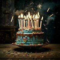 Birthday cake with burning candles on wooden background. ai generated photo