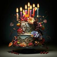 Birthday cake with burning candles on wooden background. ai generated photo