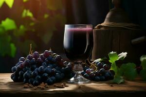 glass of red wine with grapes on a wooden table in the vineyard. ai generated pro photo