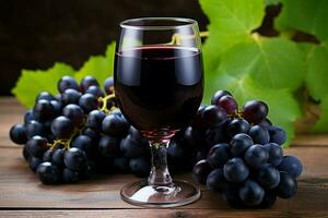 glass of red wine with grapes on a wooden table in the vineyard. ai generated pro photo