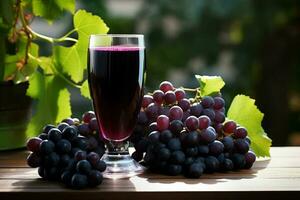 glass of red wine with grapes on a wooden table in the vineyard. ai generated pro photo