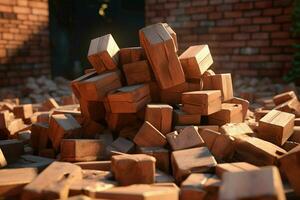 Stack of red bricks on the background of a brick wall. Construction concept. ai generated pro photo