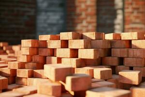 Stack of red bricks on the background of a brick wall. Construction concept. ai generated pro photo